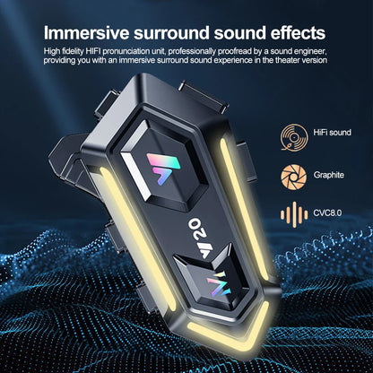 Y20 Motorcycle Helmet Bluetooth Headset – BT5.3 Wireless Hands-Free Call, Noise-Reduction, Waterproof with RGB Light
