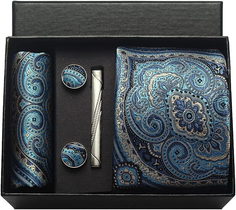 100% Silk Paisley Floral Necktie Set for Men - Premium Business Tie with Pocket Square Tie Clip Cufflinks Gift Box