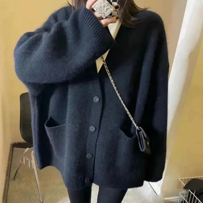 Korean Black V-Neck Knitted Cardigan – Single-Breasted Long Sleeve Loose Casual Women’s Sweater