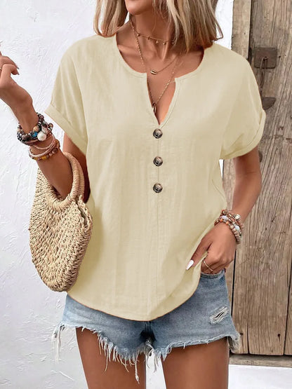 2025 Women’s V-Neck Blouse - Short Sleeve Button Casual Summer Loose Fit Solid Color Top