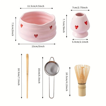 5PCS Pink Heart Matcha Set - Ceramic Tea Bowl with Bamboo Whisk, Scoop, Sifter & Holder