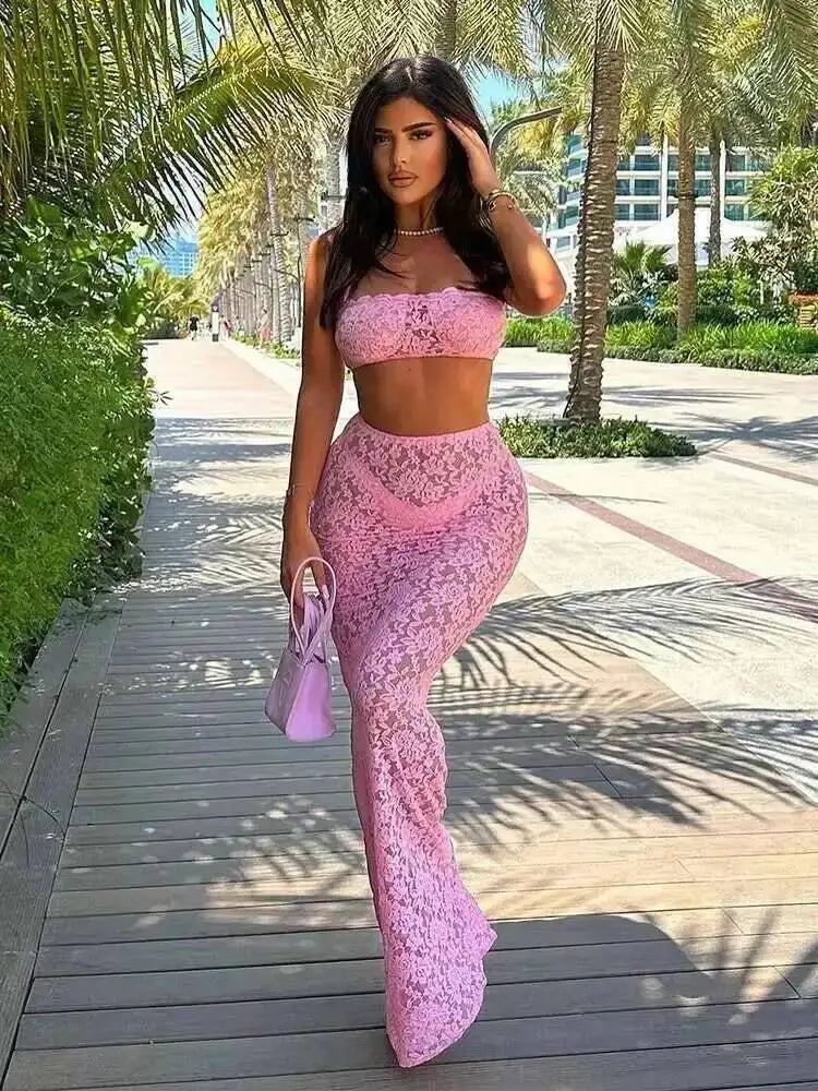 Avrilyaan Women’s 2-Piece Lace Set – Strapless Crop Top & Midi Skirt, Sexy Party Outfit Summer 2024 Fashion Elegant Clubwear Set