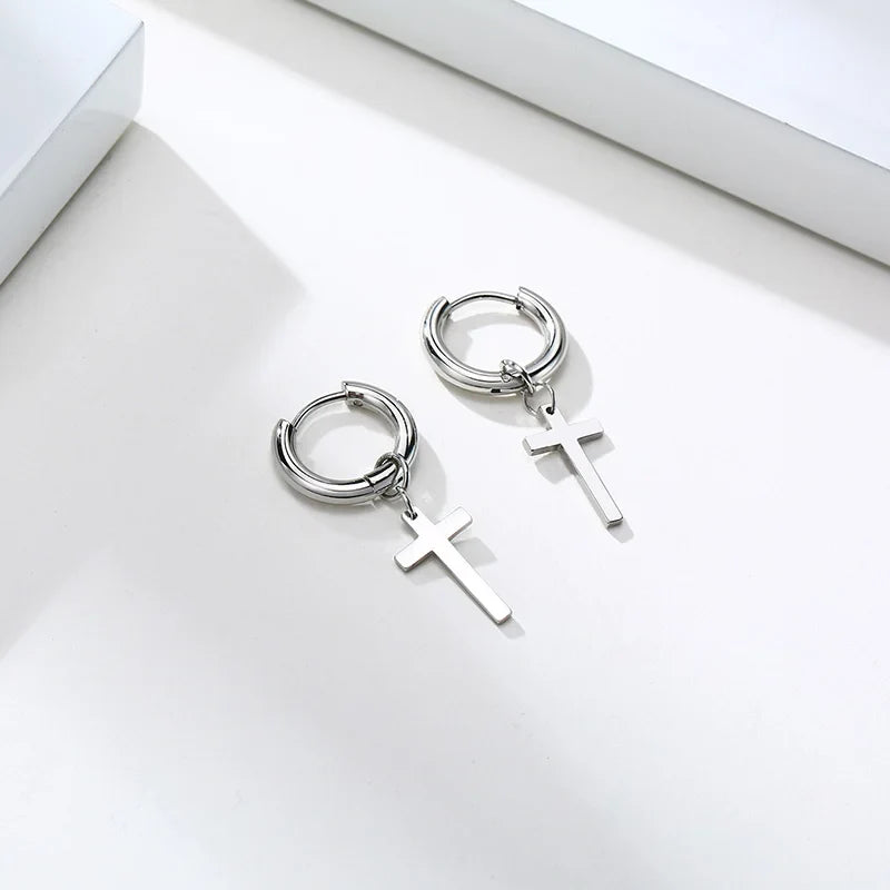 Stainless Steel Cross Charm Earrings - Men's Fashion Jewelry