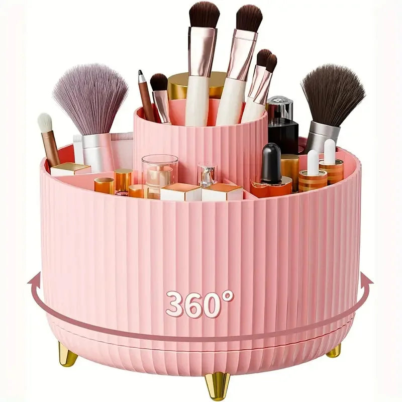 360° Rotating Makeup Organizer - 5 Compartment Plastic Cosmetic Holder for Brushes & Beauty Storage