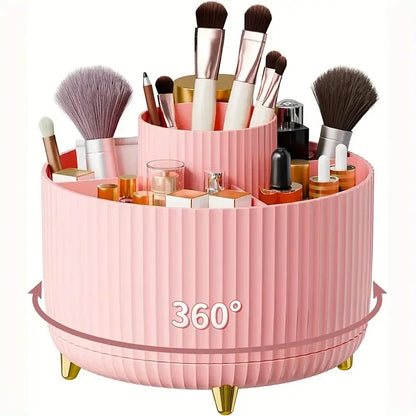 360° Rotating Makeup Organizer - 5 Compartment Plastic Cosmetic Holder for Brushes & Beauty Storage