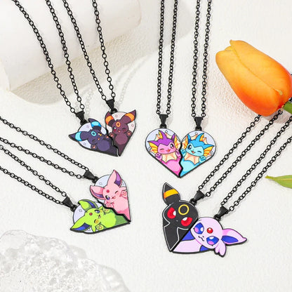 Eevee Pendant Necklace - 2-Piece Cute Cartoon Heart Patchwork Anime-Style Metal Jewelry Set