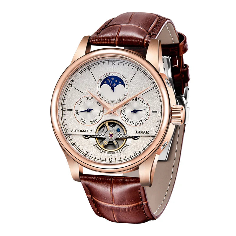 LIGE Men's Automatic Mechanical Tourbillon Watch - Waterproof Genuine Leather Military Wristwatch