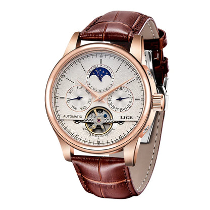 LIGE Men's Automatic Mechanical Tourbillon Watch - Waterproof Genuine Leather Military Wristwatch