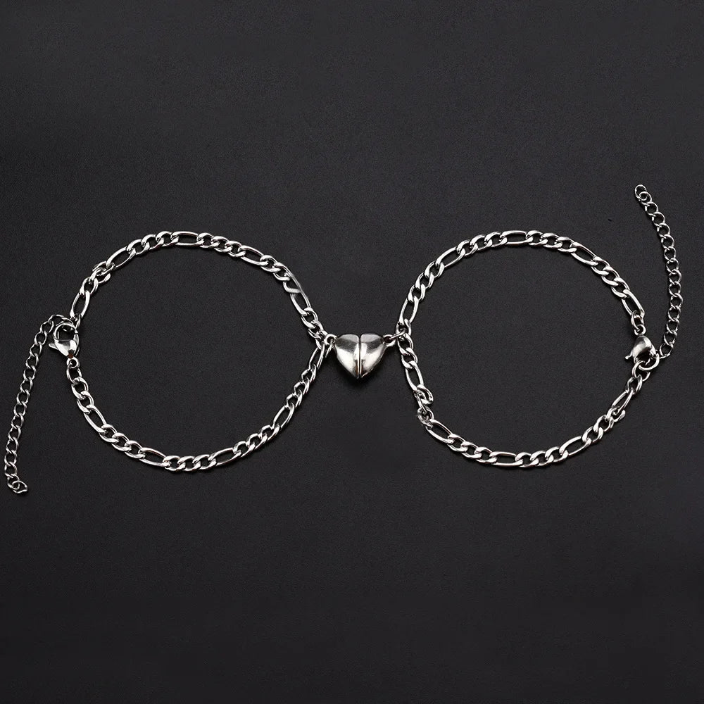 2-Piece Magnetic Couple Bracelet Set - Stainless Steel Heart Charm Cuban Chain Jewelry Gifts