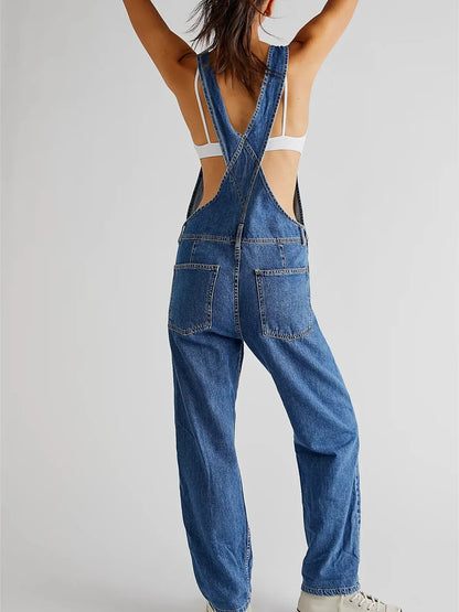 Women’s Denim Overalls - Loose Fit Stretchy Bib Jumpsuit with Tapered Leg Casual Jean Pants