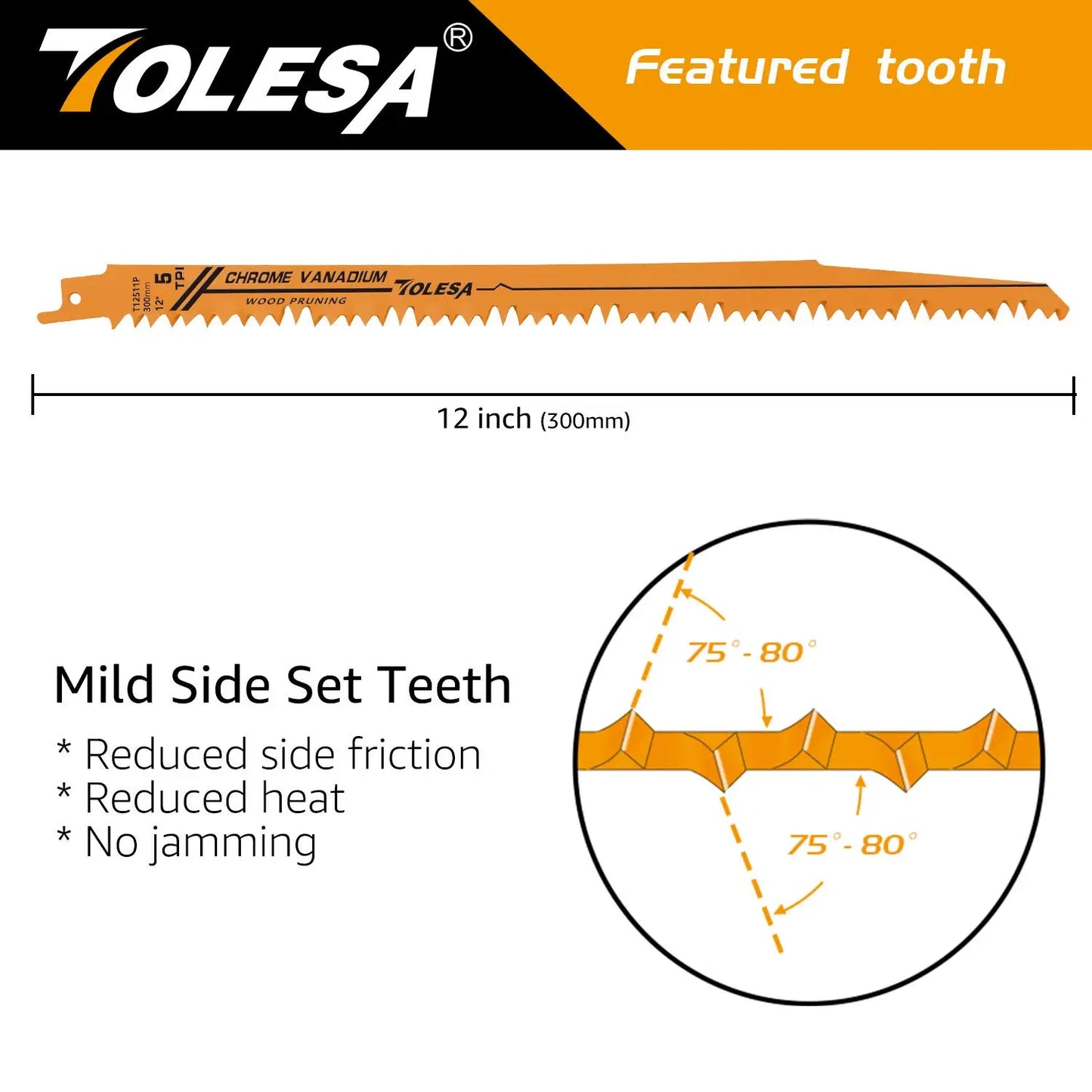 TOLESA 5PCS Reciprocating Saw Blades - 5/6TPI CRV Wood and PVC Cutting Pruning Blades for Sabre Saws