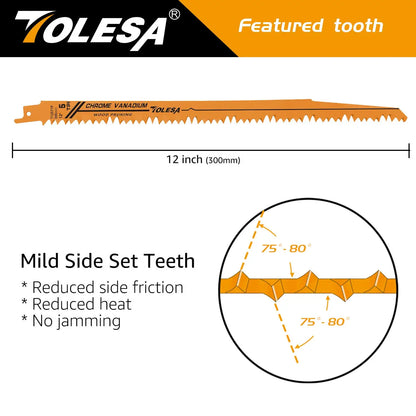 TOLESA 5PCS Reciprocating Saw Blades - 5/6TPI CRV Wood and PVC Cutting Pruning Blades for Sabre Saws