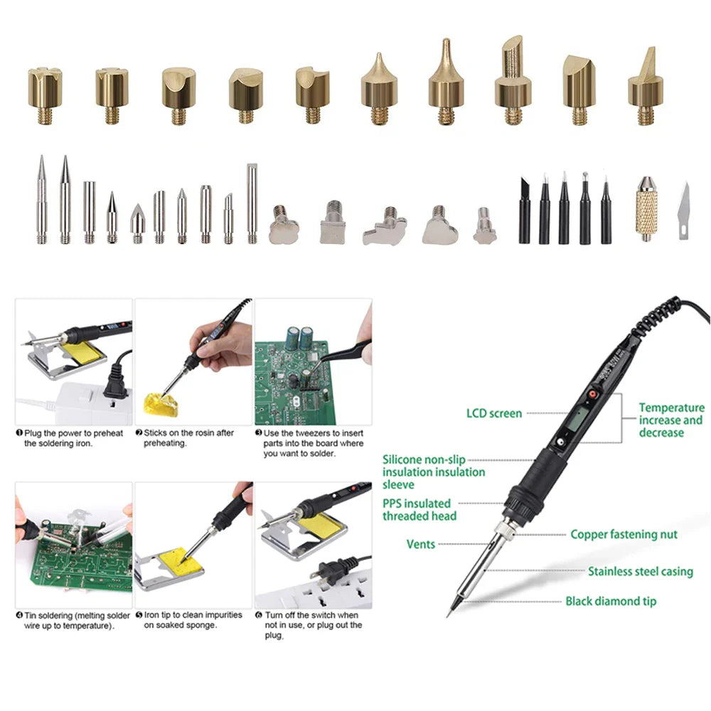 JCD 80W Electric Engraving & Soldering Pen – Wood Burning Pyrography Kit with 28 Craft Tips (908S)