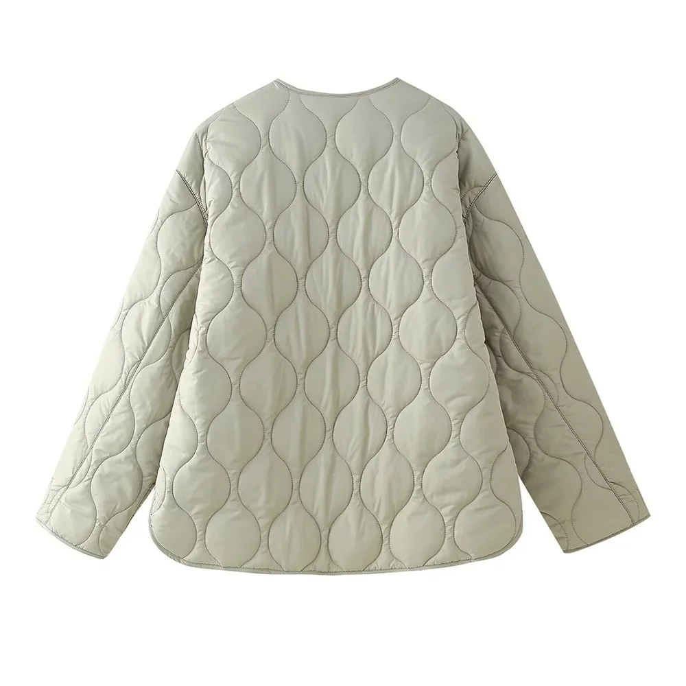 PB&ZA2024 Women's Autumn Cotton Jacket – Quilted Coat with Round Neck, Loose Fit & Pocket Decoration