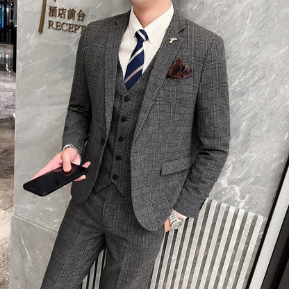 Men’s British Style 3-Piece Suit Set - Slim Fit Vest & Trousers Formal Banquet Fashion Ensemble