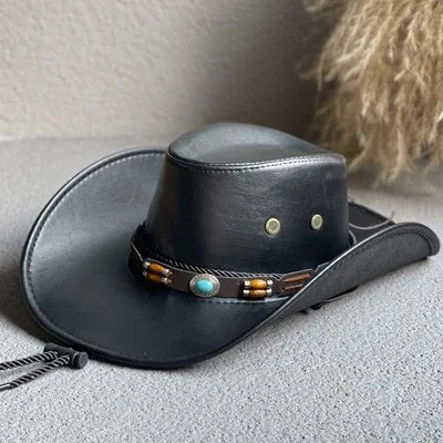 Faux Leather Western Cowboy Hat – Vintage Panama Cowgirl & Gentleman Hat for Women & Men
