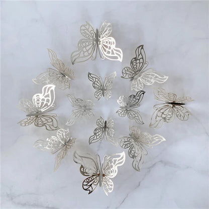 12PCS 3D Hollow Butterfly Wall Stickers – Gold, Silver & Rose Decorative Decals for Wedding, Living Room & Home Decor