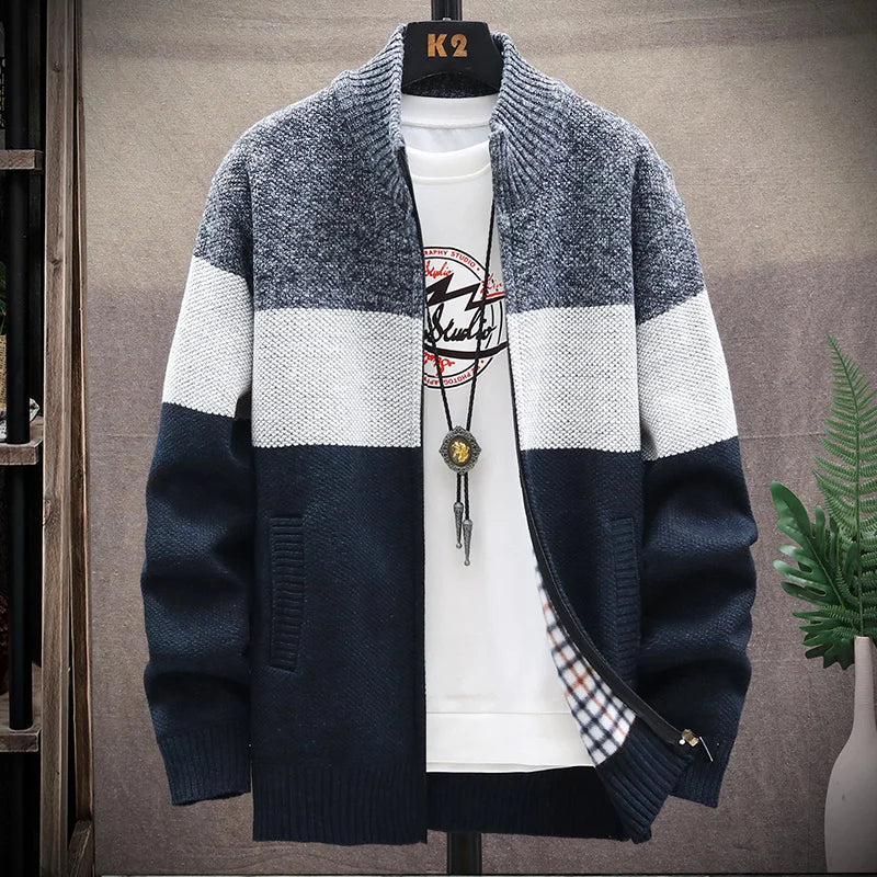 Men's Fleece Zipper Cardigan – Autumn Winter Velvet Striped Sweater Jacket