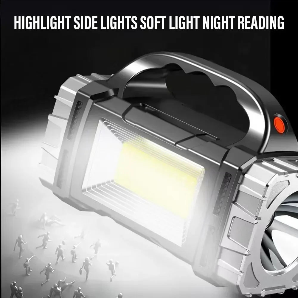 Powerful LED Flashlight - USB & Solar Rechargeable COB Camping Torch with Portable Searchlight Power Bank