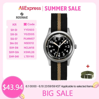 RDUNAE RA03 Military Men’s Watch - 34.5mm Vintage Quartz Wristwatch with Miyota 2035 Movement & Stainless Steel Case