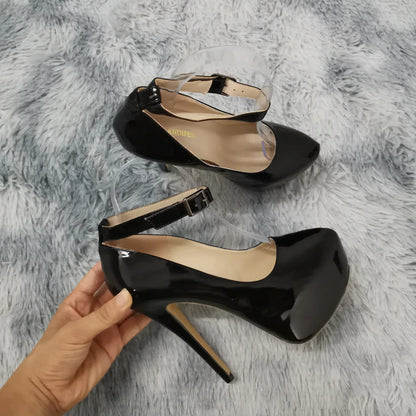 Women’s Patent Leather Stiletto Pumps – 14cm High Heels with Buckle Ankle Strap, Sexy Wedding & Fashion Shoes, Size 44