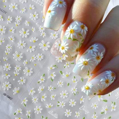 5D Daisy Nail Art Stickers - White Flower & Green Leaf Embossed Decals for DIY Spring Summer Nail Decoration