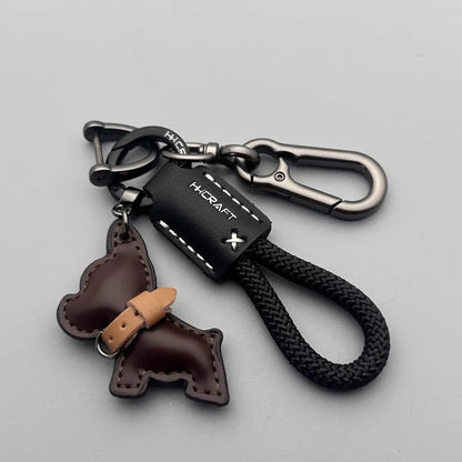 French Bulldog Leather Keychain - Handmade Braided Rope Key Holder with Anti-Loss Strap for Car, Women & Men