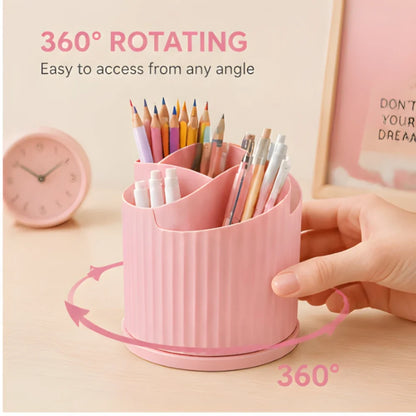 360° Rotating Pen Holder Organizer - 5 Compartment Candy Color Desk Storage Box for Kids, School & Office