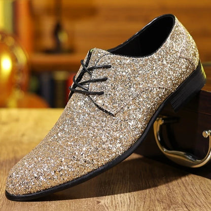 Men’s Luxury Sequin Oxford Dress Shoes - Gold & Silver Lace-Up Wedding Flats Large Size