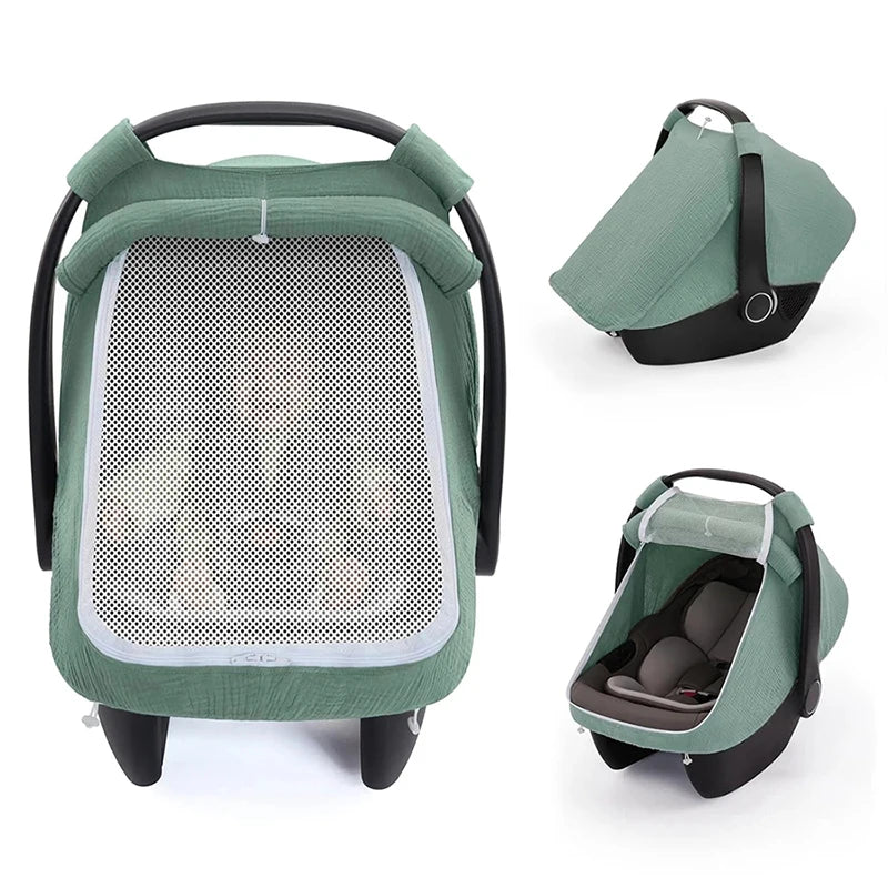 Baby Car Seat Cover – Breathable Muslin Cotton Canopy with Mesh Window, Infant Stroller Sun Shade & Carrier Protection Cover