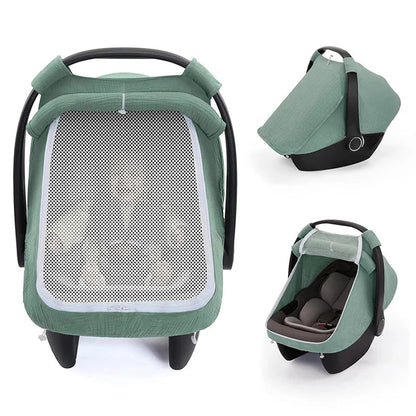 Baby Car Seat Cover – Breathable Muslin Cotton Canopy with Mesh Window, Infant Stroller Sun Shade & Carrier Protection Cover