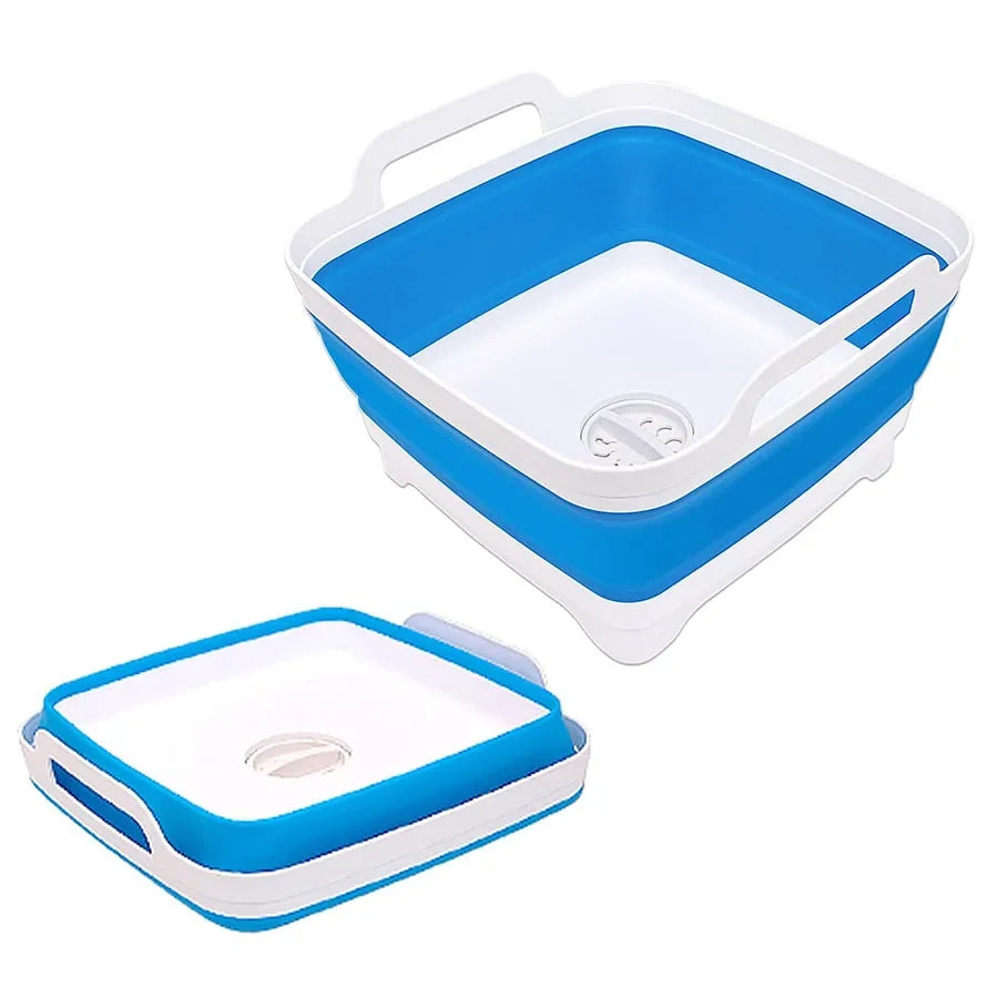 9L Collapsible Wash Basin - Portable Plastic Sink with Drain Plug for Vegetables, Fruits, Dishes & Storage