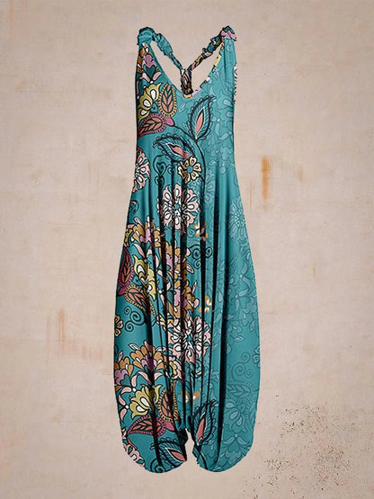 Bohemian Wide Leg Jumpsuit - Vintage Mandala Paisley Print Loose Fit Backless Women Harem Romper