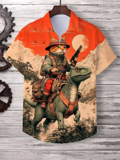 Men’s Cat Graphic Button Down Shirt - Oversized Short Sleeve Summer Hawaiian Vacation Top