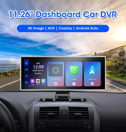 11.26" 4K Car DVR Dash Cam — Wireless CarPlay & Android Auto, Dual Lens Video Recorder with AI Screen, GPS Navigation, HD Dashboard Monitor