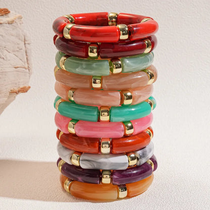 Leopard Print Bamboo Tube Acrylic Bracelets - Retro Stretch Beaded Bangles for Women & Men, Stackable Jewelry Gift