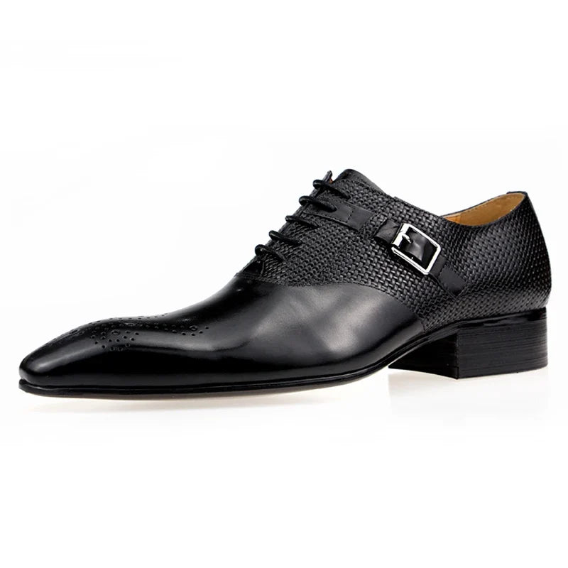 Men’s Genuine Leather Formal Shoes - Fashion Lace-Up Wedding Brogue Dress Shoes with Woven Design