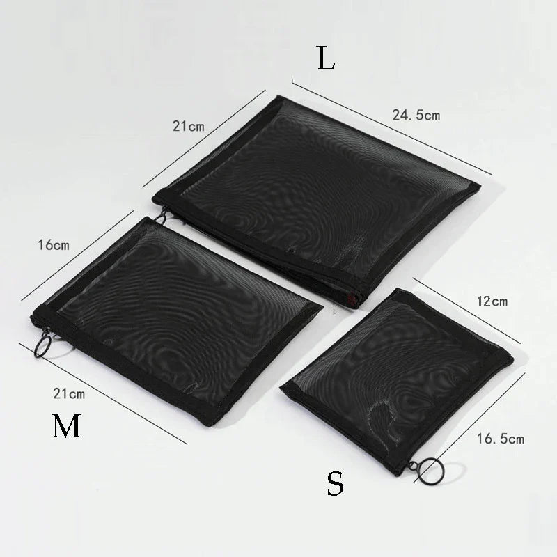 Transparent Mesh Zipper Cosmetic Bag – Fashionable Black Toiletry Organizer, Small & Large Makeup Pouch for Women