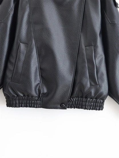 Women's Faux Leather Motorcycle Jacket - 2026 Autumn Black Long Sleeve Fashion Outerwear