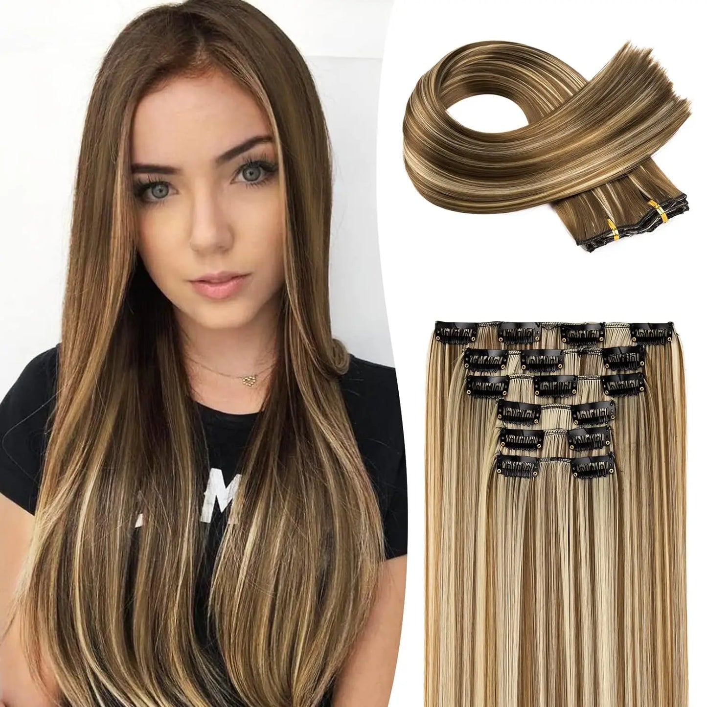 Clip-In Hair Extensions – Thick, Long Lace Weft Lightweight Synthetic Hairpieces for Women