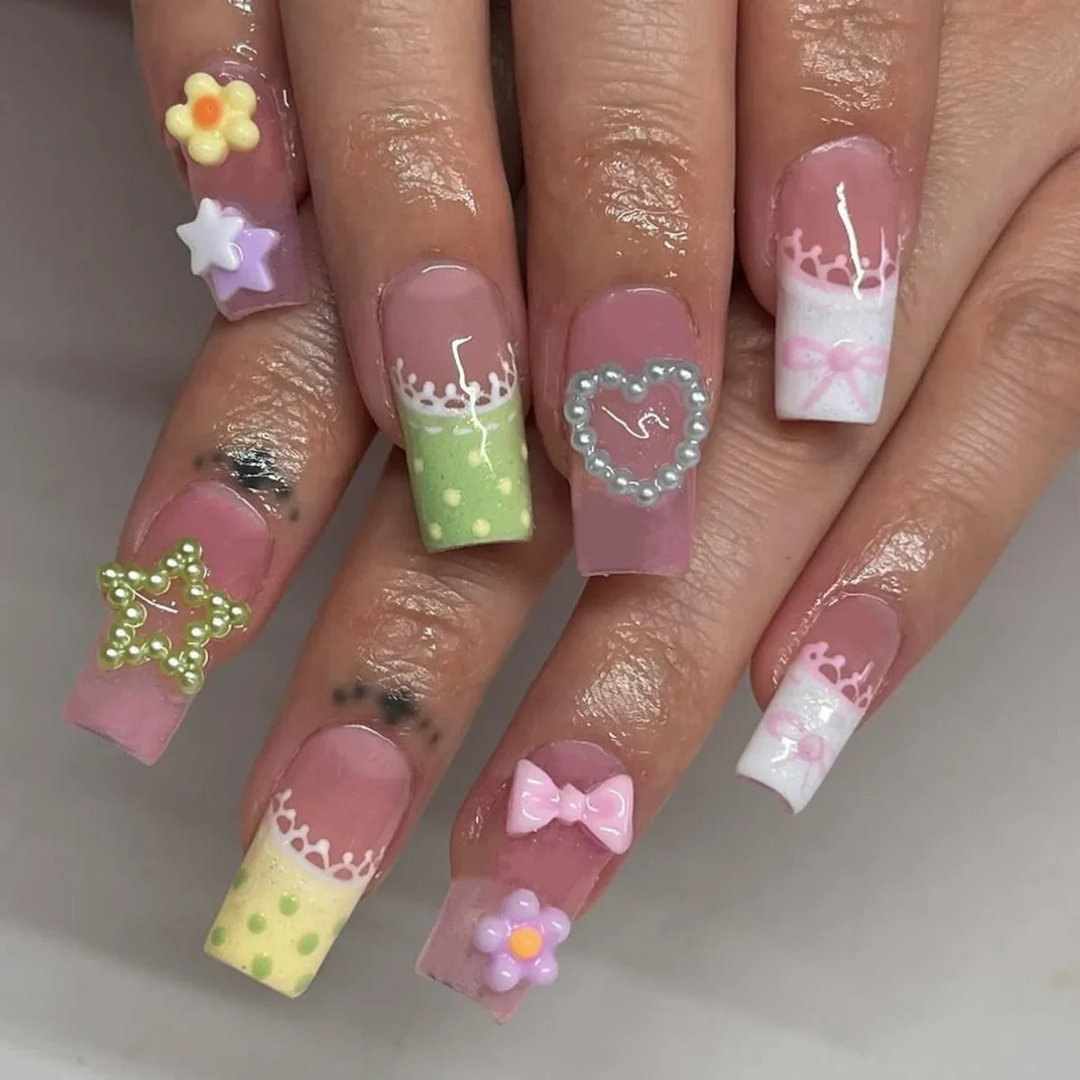 24PCS Y2K Sweet Stars Press-On Nails - Blue Brown Striped French Style Autumn Vintage Wave Point Fake Nail Set