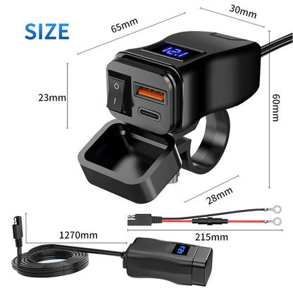PD QC3.0 Motorcycle USB Fast Charger — 60W Dual USB Handlebar Socket with Switch & Voltmeter, Waterproof 12V Power Adapter