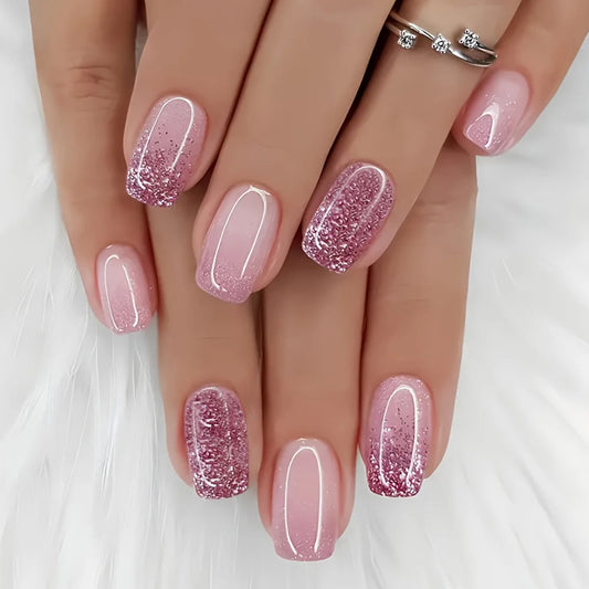 24PCS Short Press On Nails - Shimmer Ballet French Full Cover Artificial Nail Tips for Daily Manicure Style