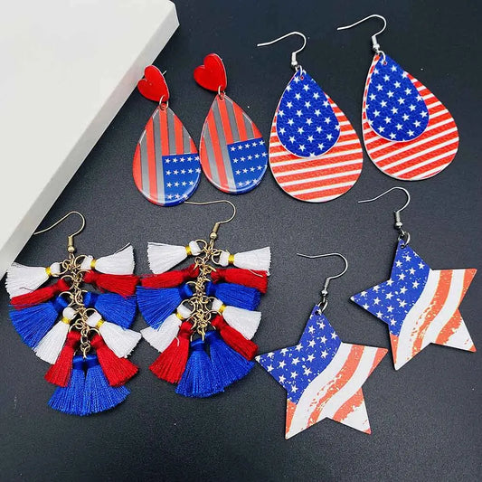 American Flag Drop Dangle Earrings - Patriotic 4th of July Teardrop Tassel Rhinestone Jewelry for Women