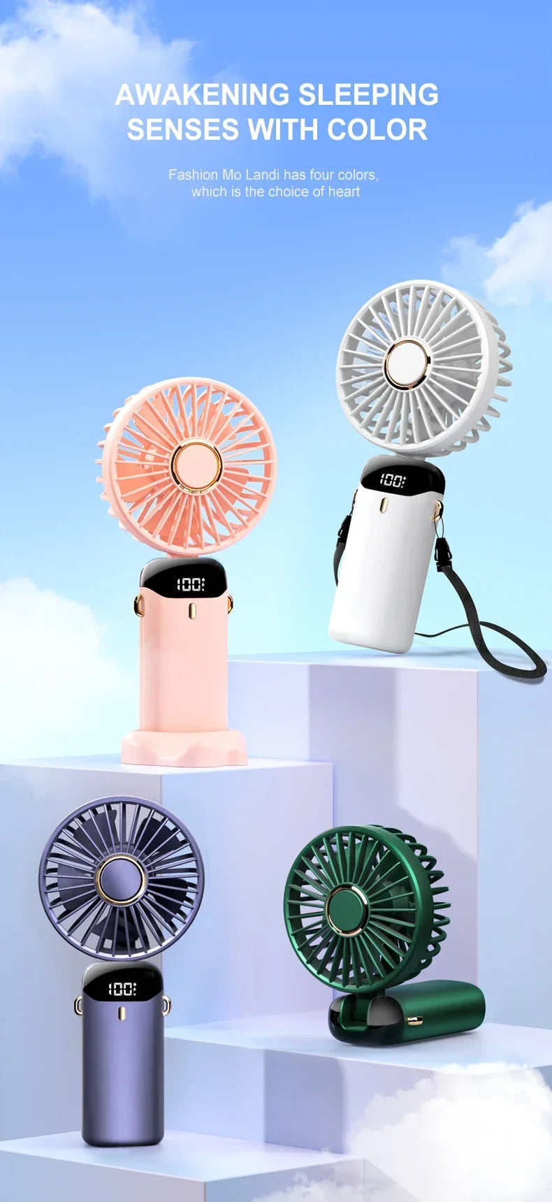 5000mAh Handheld Mini Fan – Wireless USB Rechargeable Portable Fan with Digital Display, Phone Holder, 5-Speed Foldable Neck Hanging Fan