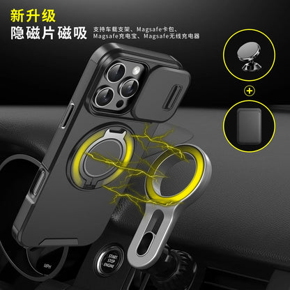 Luxury Rugged Armor Magnetic Case – Heavy Duty PC Cover with Slide Camera Protection for iPhone 16, 15, 14, 13, 12, 11 Pro Max Plus