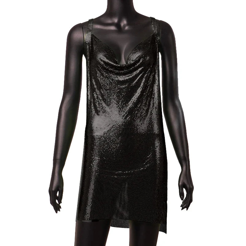 Women’s 90s Rave Glitter Mini Dress – V-Neck Lace-Up Sequin Y2K Clubwear, Sexy Backless Bodycon with Metal Details for Party