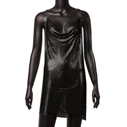 Women’s 90s Rave Glitter Mini Dress – V-Neck Lace-Up Sequin Y2K Clubwear, Sexy Backless Bodycon with Metal Details for Party