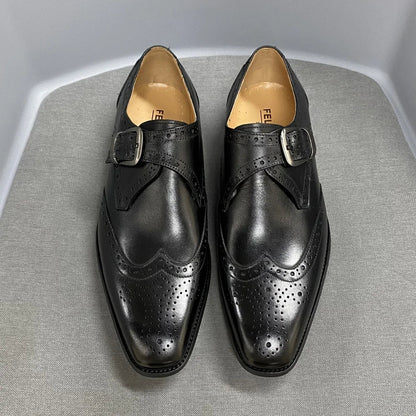 Men’s Luxury Genuine Leather Wingtip Oxfords - Italian Monk Strap Buckle Brogue Shoes for Business & Wedding Formal Wear