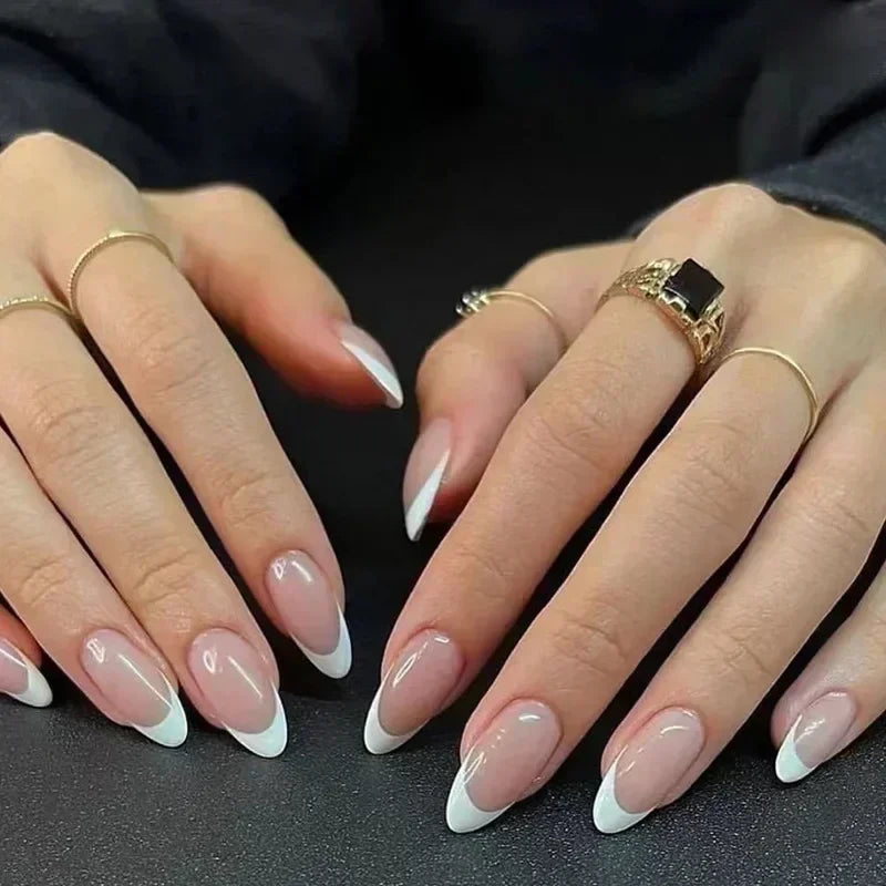 24Pcs French Press On Nails - Almond Fake Nail Tips with Glue, White Edge Design & Pink Stiletto Style Manicure Set